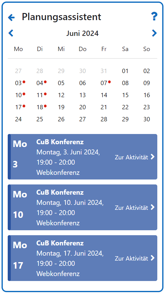 Planungsassistent mit Kalender und Veranstaltungen zum Monat Juni 2024